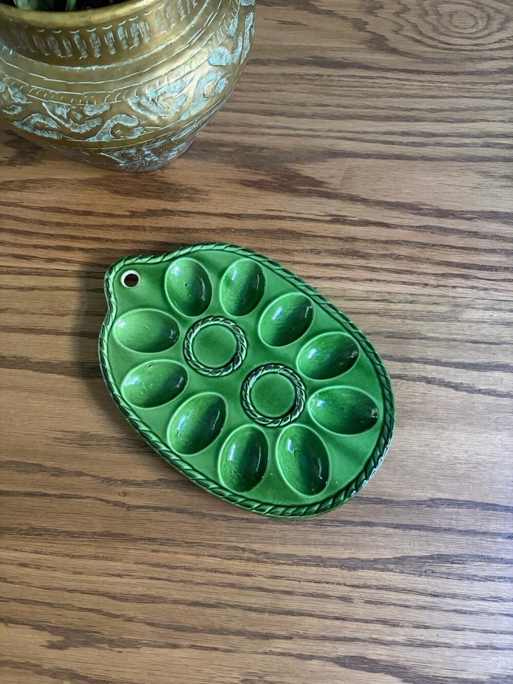 Vintage Japanese Green Majolica Deviled Egg Plate Egg Tray Made In Japan